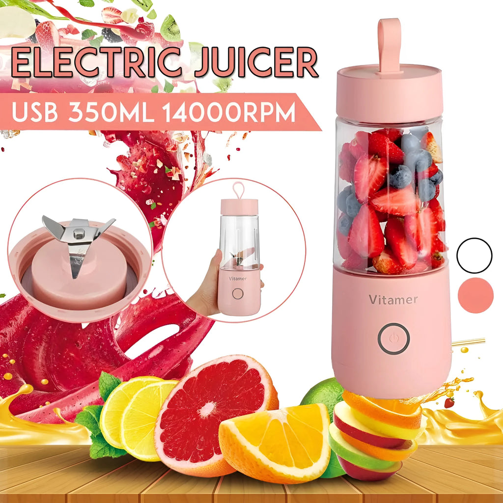 White portable USB rechargeable blender bottle with silicone handle and stainless steel blade.