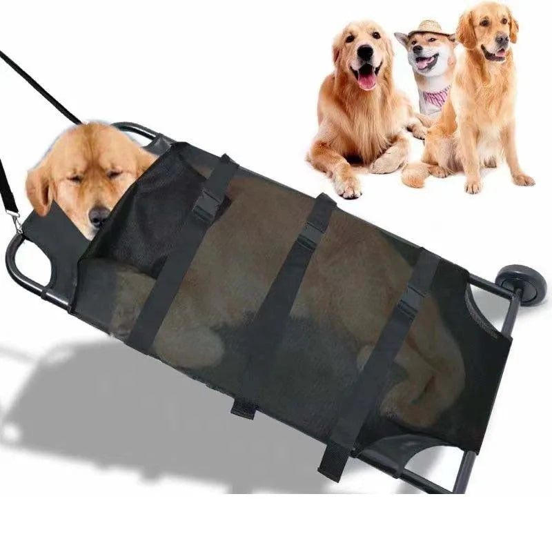 Large black aluminium alloy pet stretcher for emergency dog transfer.