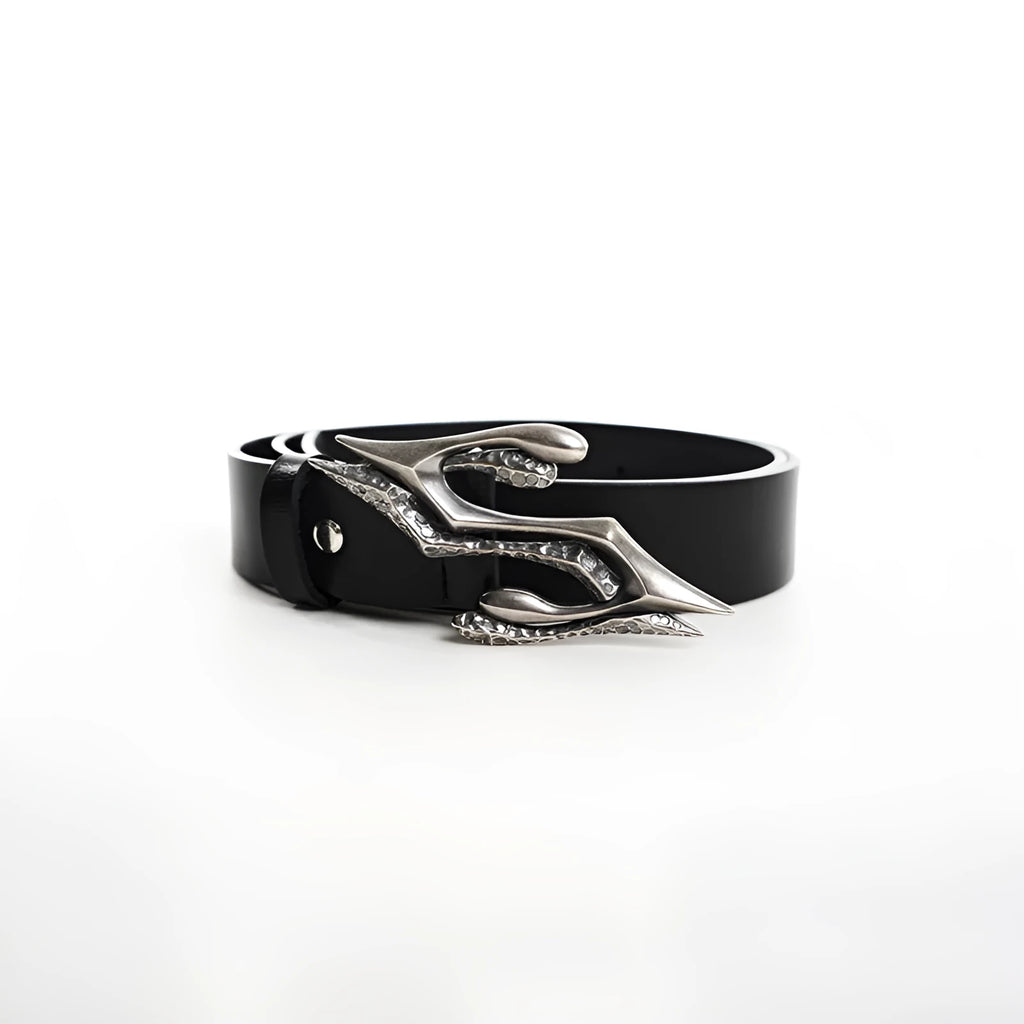 Black men's leather belt with a detailed metal letter buckle on a white background.