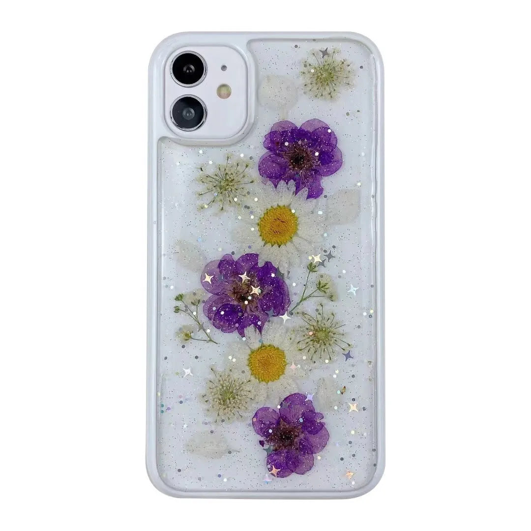Epoxy glitter small floral phone case in TPU for iPhone, glossy finish, multiple colour options