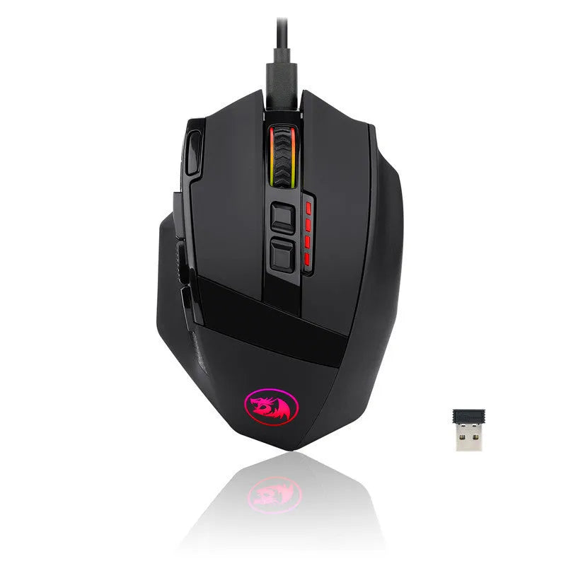 Black Redragon M801P dual mode wireless and wired gaming mouse on a desk.