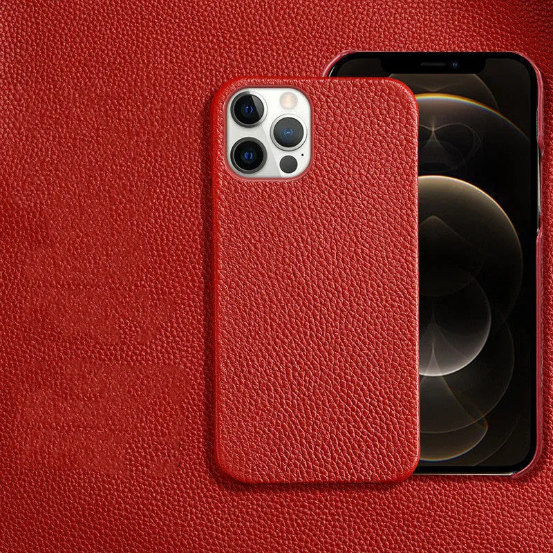 Genuine leather protective case for iPhone in simple half-wrap design on a table.