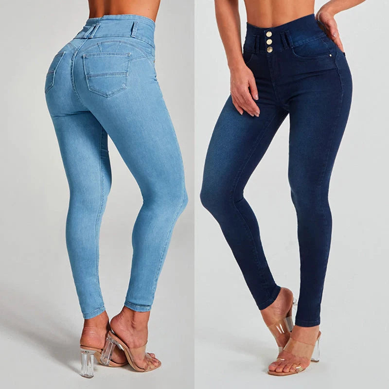 Women's high waist skinny jeans in dark blue and light blue with stretch and shaping features