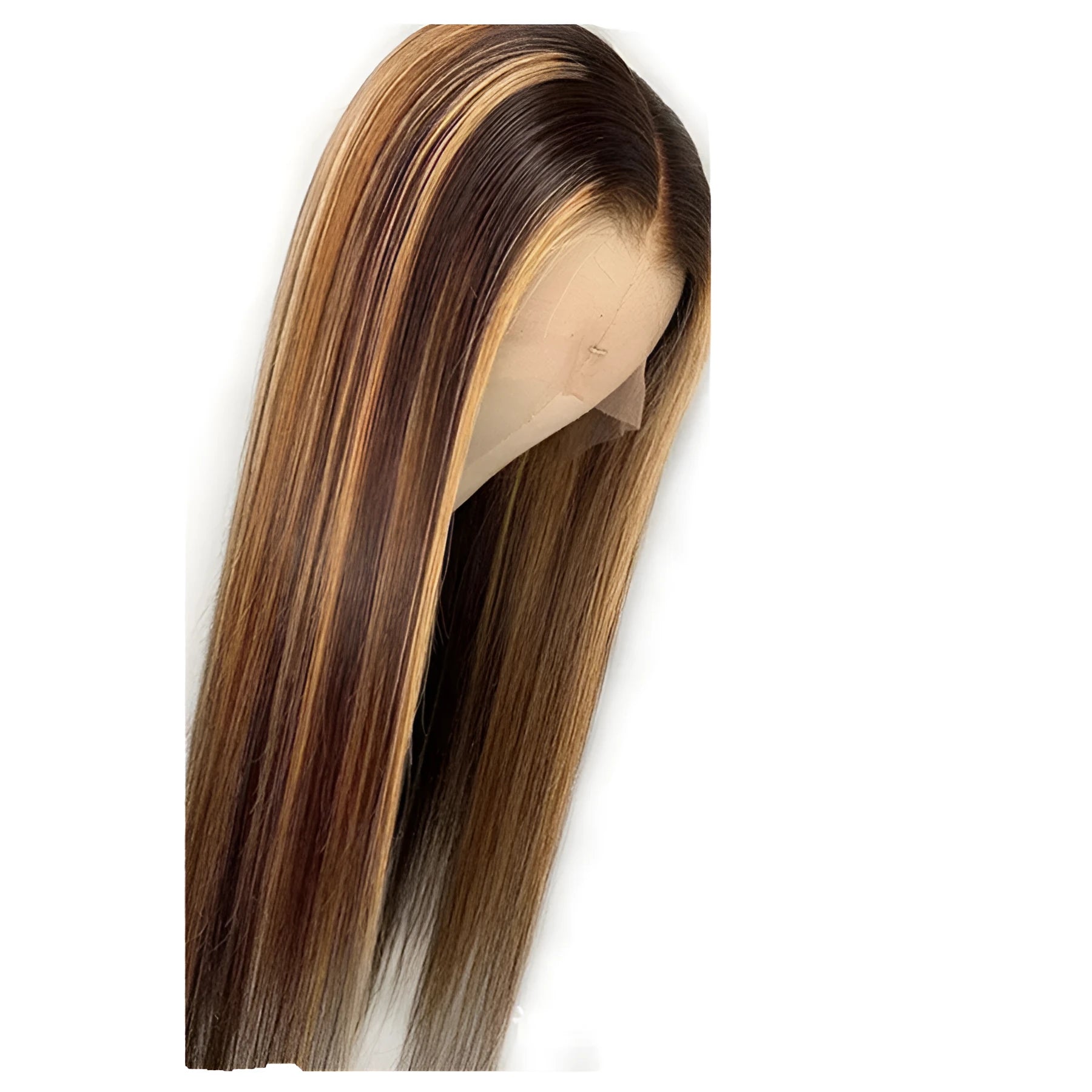 Piano color real hair T-shaped headgear on display with lengths 10 to 26 inches