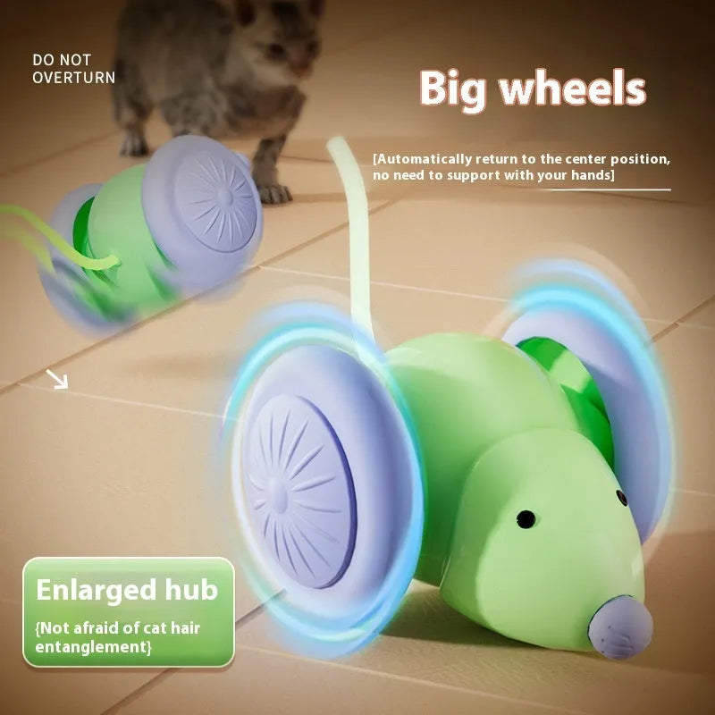 Interactive cat toy electric mouse car in green and white with obstacle avoidance, made of ABS and TPU