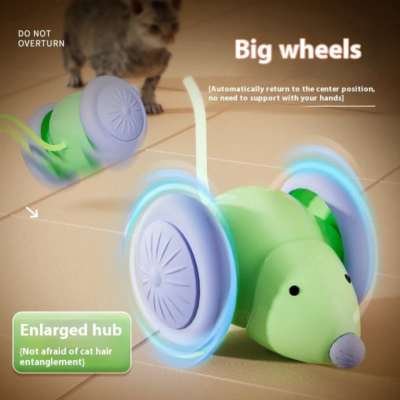 Interactive electric mouse car cat toy in green and white with intelligent obstacle avoidance