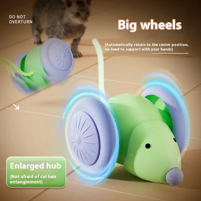 Interactive electric mouse car cat toy in green and white with intelligent obstacle avoidance