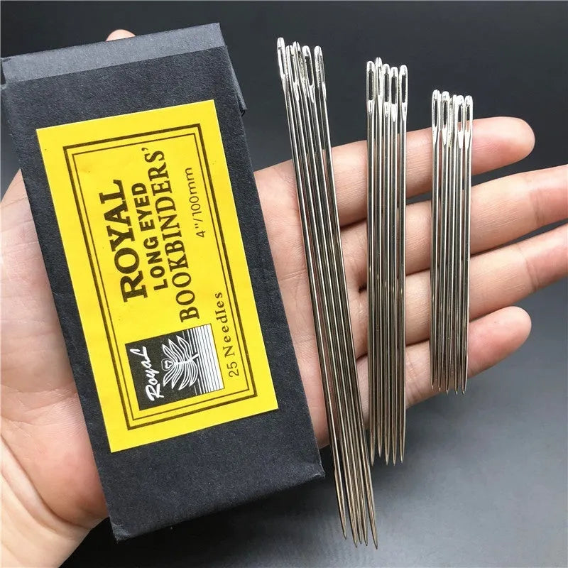 Set of five long steel sewing needles with 1.8mm body thickness and 7mm eye in a pack