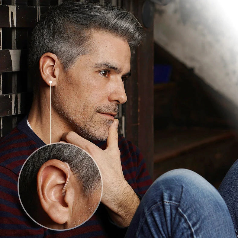 Digital sound amplifier with stealth ear back design in champagne, pearl grey, and graphite grey colour options