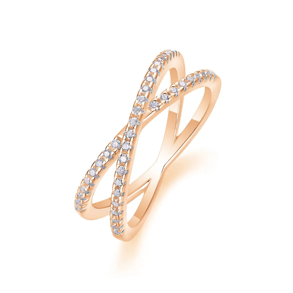 Love Interwoven moissanite wedding ring set in gold finish, S925 silver platinum plated, on white background with gift box.