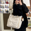 Bear print large capacity multi-pocket nylon tote bag in milky white