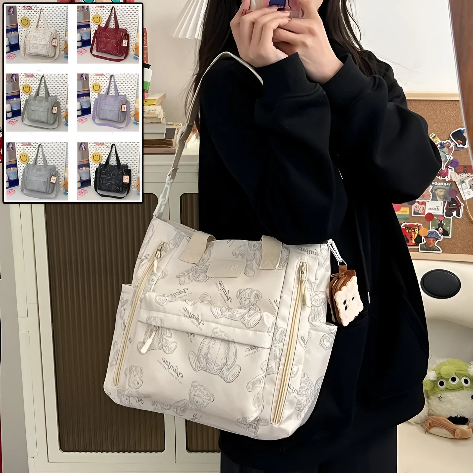 Bear print large capacity multi-pocket nylon tote bag in milky white