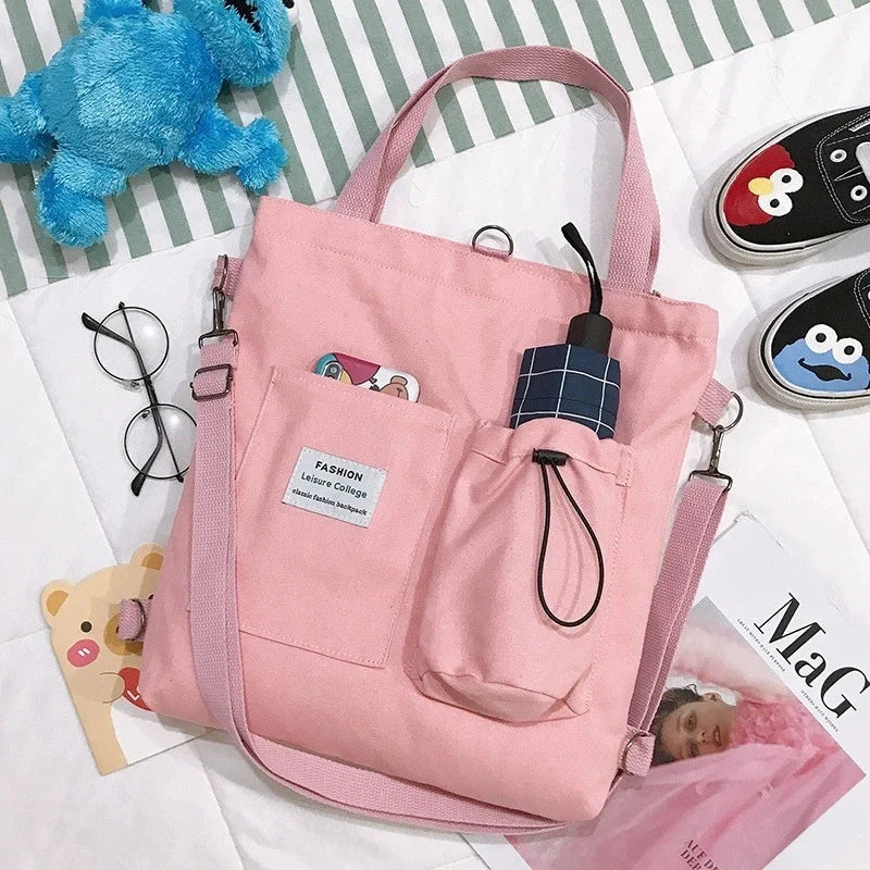 Harajuku style canvas backpack with multiple pockets for women and students
