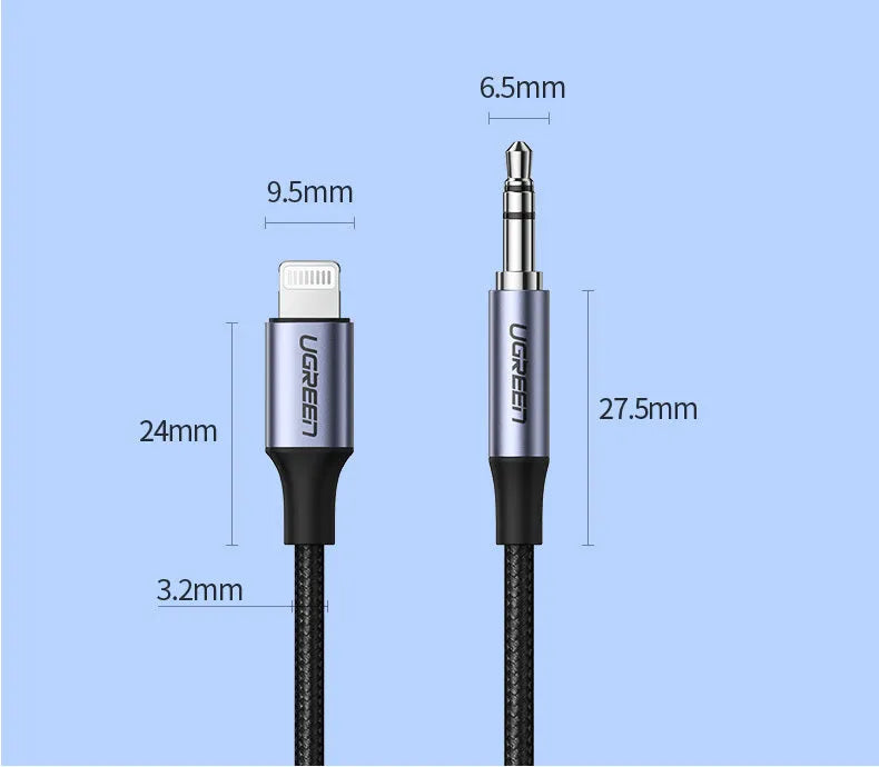 Black Apple Lightning to 3.5mm audio cable for car adapter with shiny silk braid thread