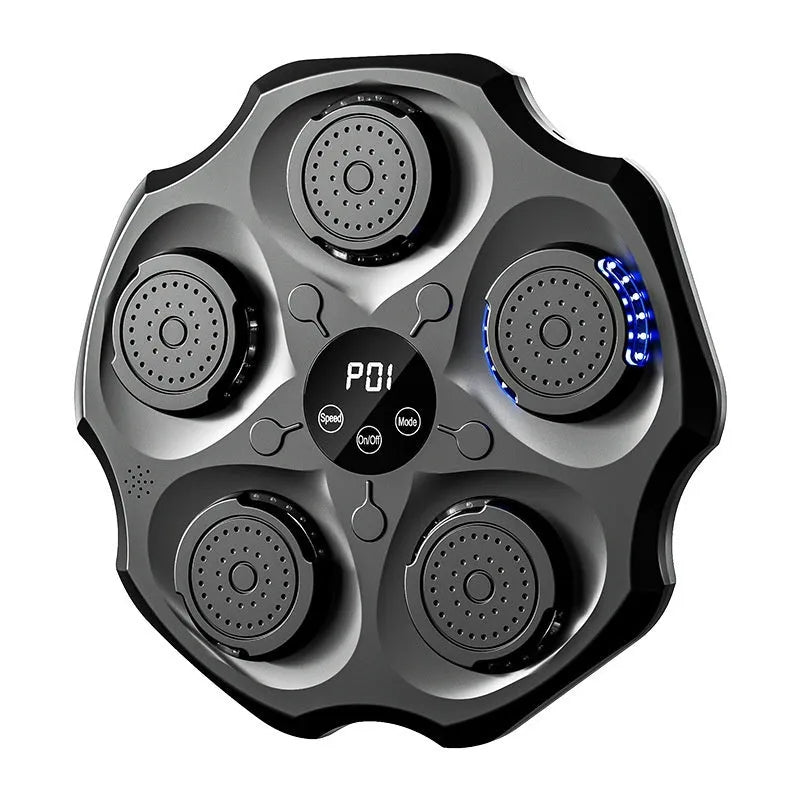 Black Bluetooth music-responsive boxing wall target mounted on a wall with boxing gloves.