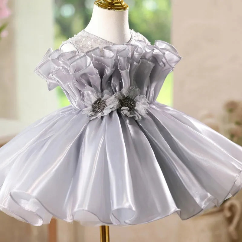 Girls' polyester princess dress in smoky gray, sleeveless round neck slim fit for birthday banquet