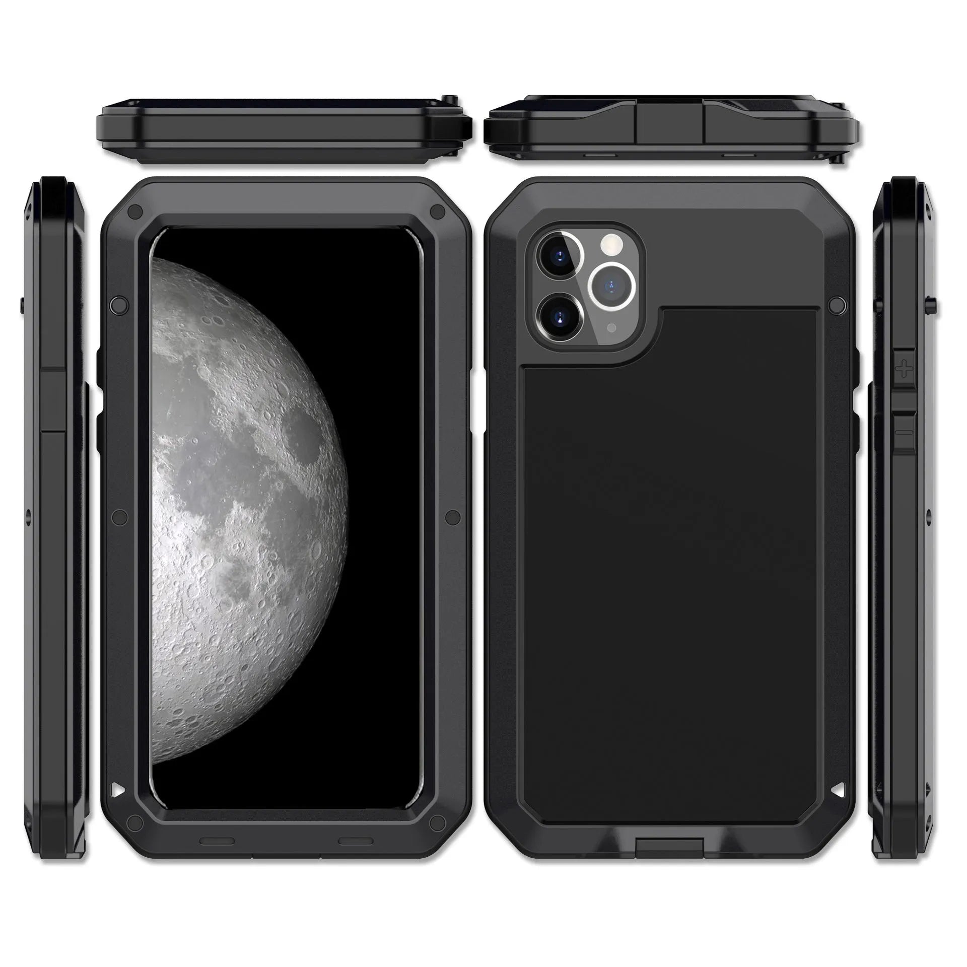 Metal three-proof phone case for iPhone in black, all-inclusive design with cutouts for ports and camera