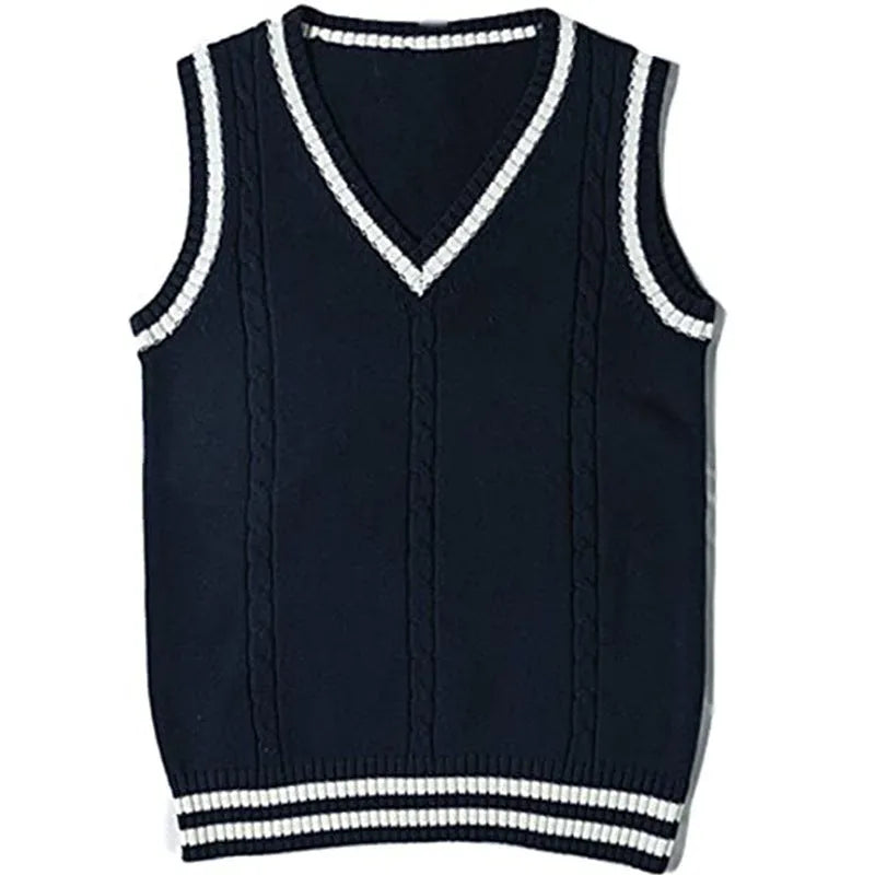 Women's V-neck waistcoat sweater with striped stitching in acrylic knit fabric