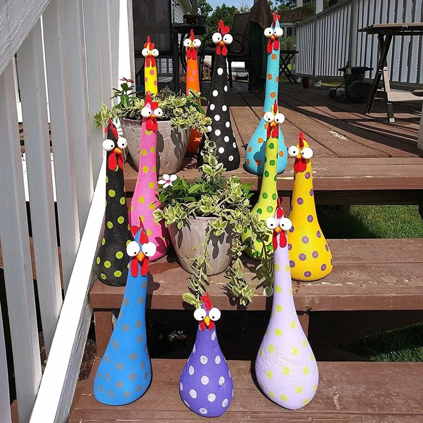 Colorful chicken statues made of durable resin, perfect for adding whimsical charm to your garden, yard, or outdoor living space