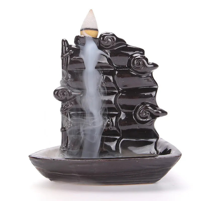 Ceramic backflow incense burner with modern minimalist design in green tree colour