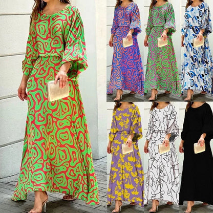 Women's loose printed long sleeve top and high waist long skirt set in various colours