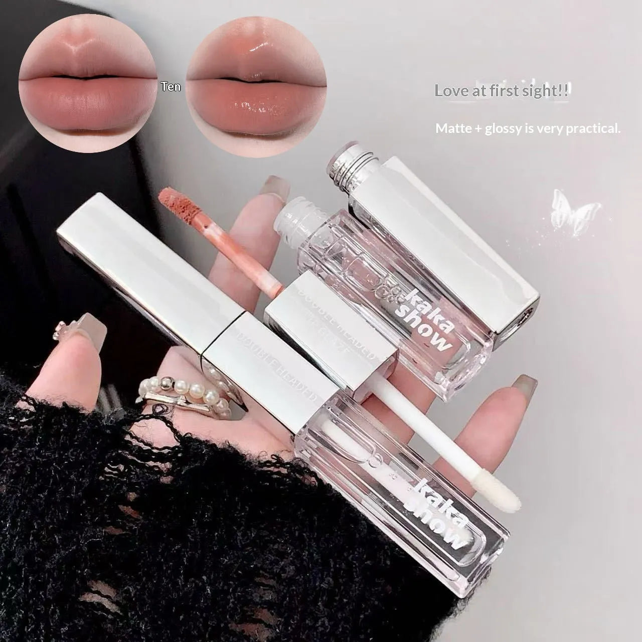 Double-ended dual-effect matte velvet lip gloss in five shades including Raspberry Sweet Peach and Candied Tomato