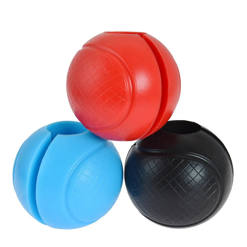 Black silicone spherical dumbbell grip on a dumbbell handle for non-slip weight training