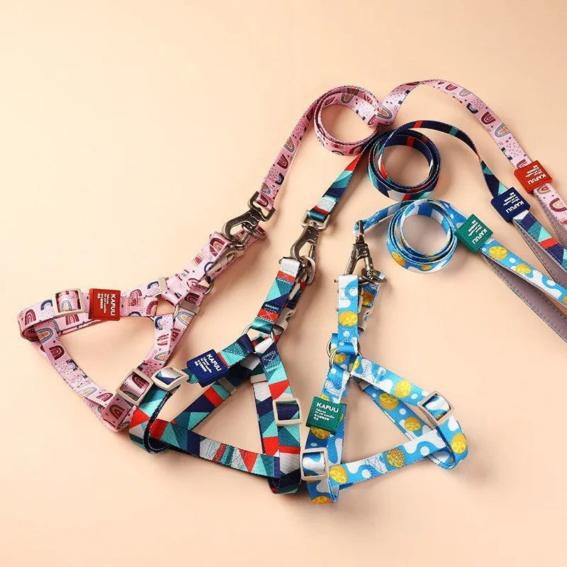 Blue polyester dog harness and leash set with padded rope and adjustable chest strap