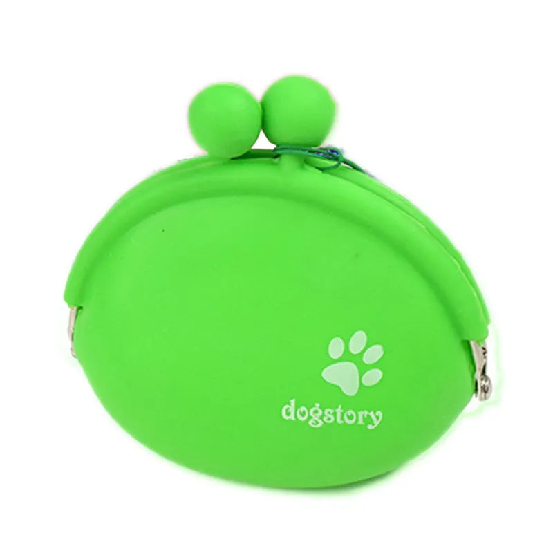 Yellow silicone dog treat bag with waist clip, shown open to reveal storage pocket.