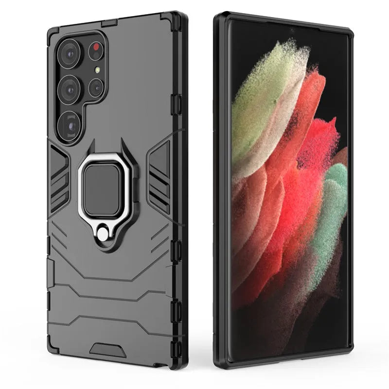 Black TPU PC phone case for Samsung Galaxy with kickstand bracket standing on a table