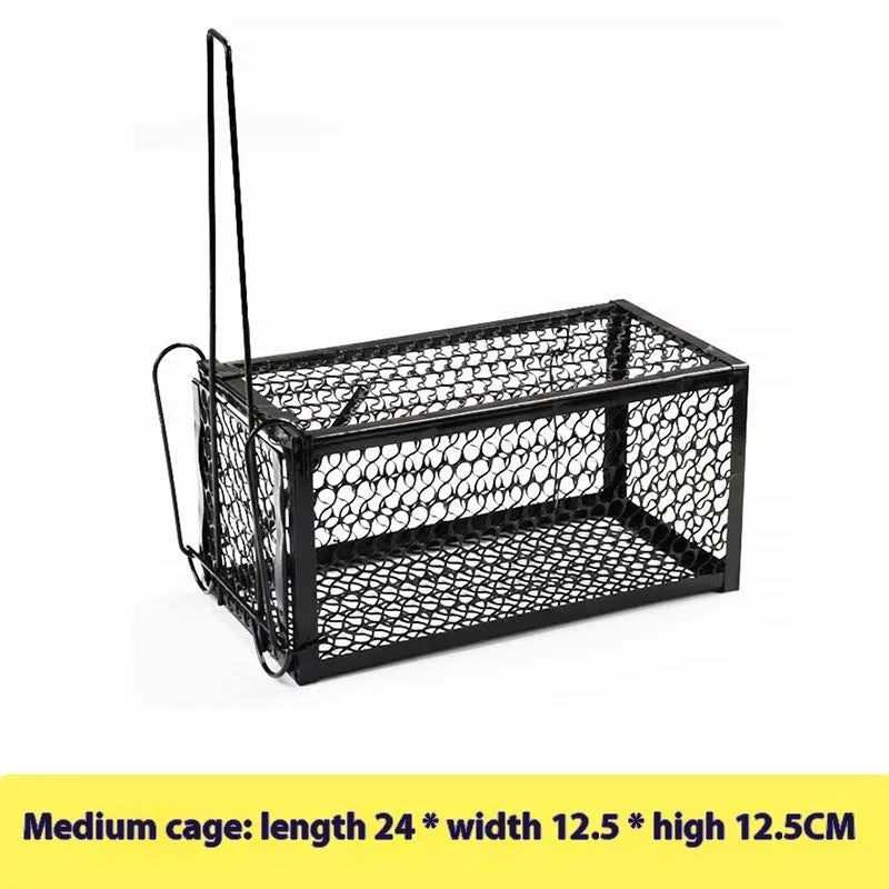 Automatic mouse trap cage in metal or plastic, shown in small, medium, and large size options.