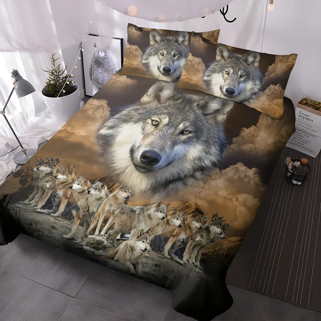 Brown wolf pack design 3 piece bedding set with microfiber comforter and two pillow shams