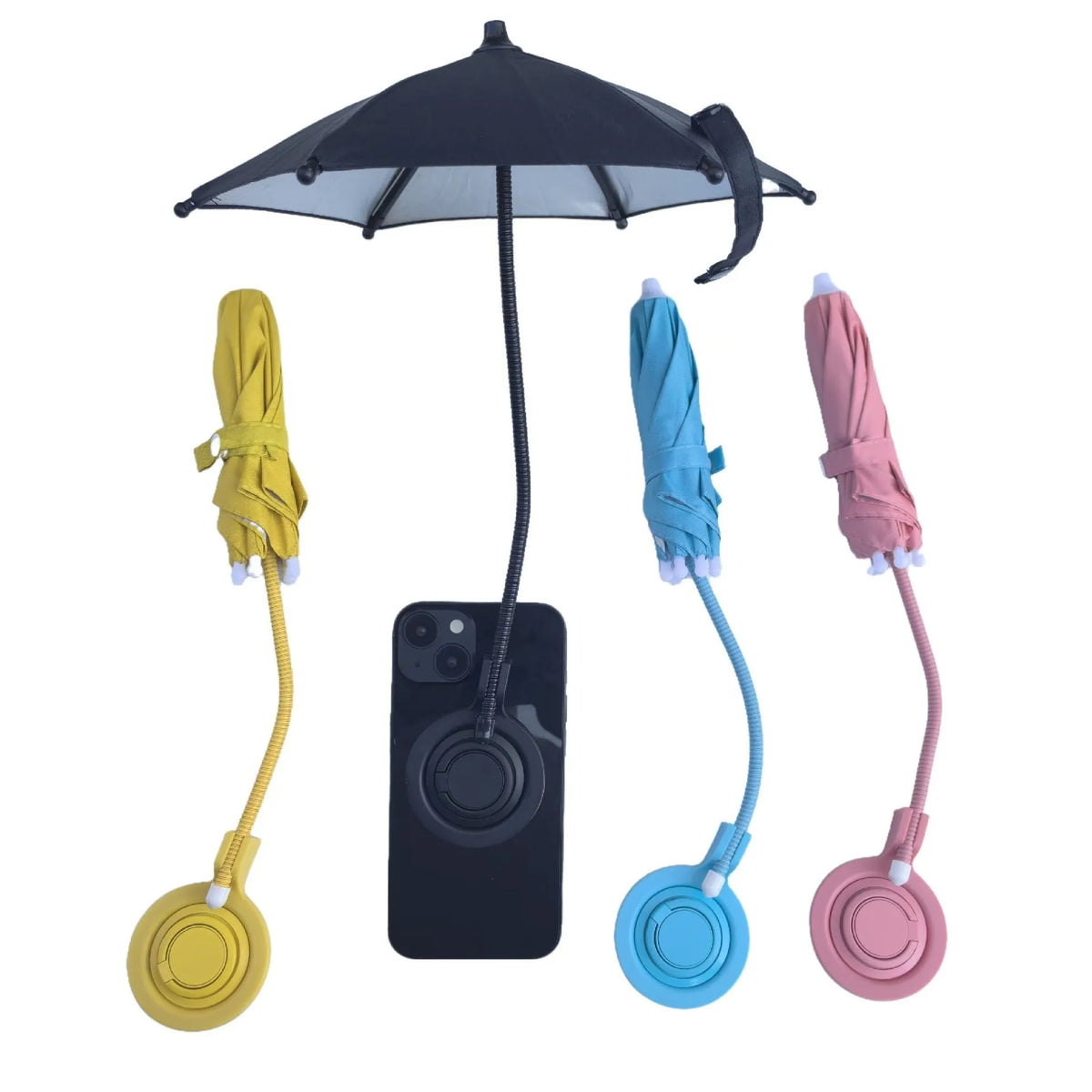 Magnetic retractable mobile phone umbrella bracket with iron frame and NC fabric in black