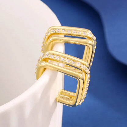 Gold electroplated three-layer square stud earrings with unique geometric design