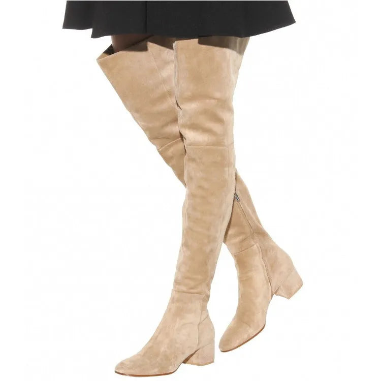 Women's grey over-the-knee flat boots with pointed toe and thick rubber sole