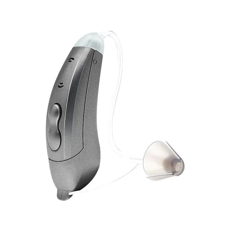 Digital sound amplifier with stealth ear back design in champagne, pearl grey, and graphite grey colour options