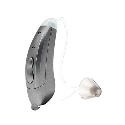 Digital sound amplifier with stealth ear back design in champagne, pearl grey, and graphite grey colour options