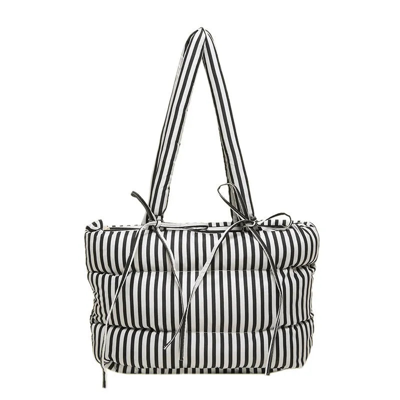 Women's cotton-padded tote bag large-capacity with bow and plaid pattern in black