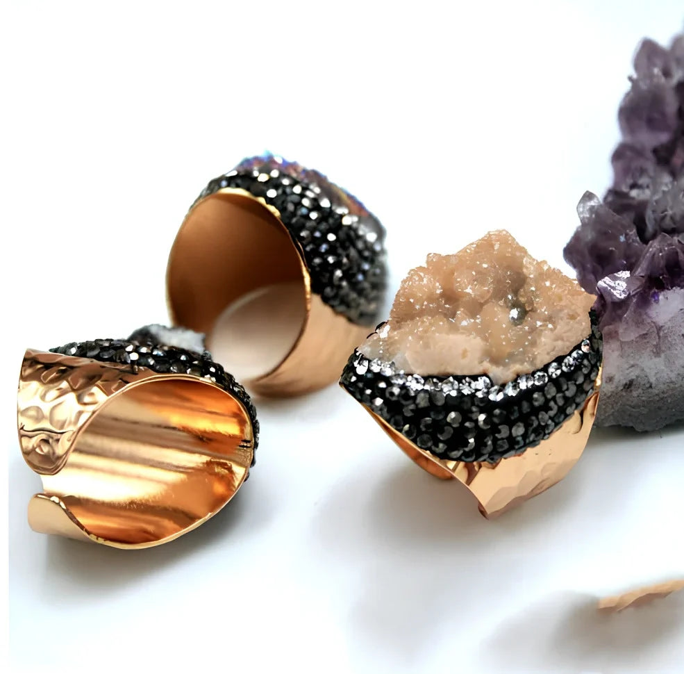 Geometric agate crystal ring in blue, featuring 2-3cm natural stone on adjustable band for everyday wear