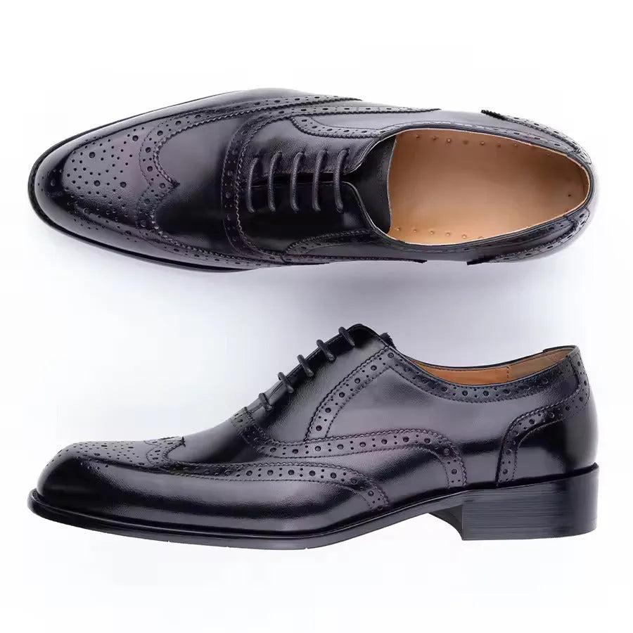 Men's purple leather Oxford shoes with hand-carved detailing and pointed toe
