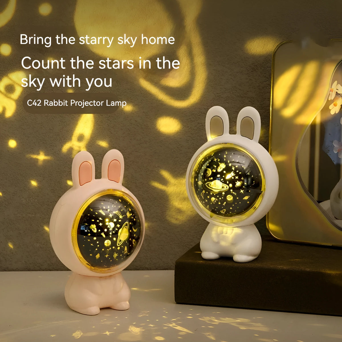 Creative rabbit-shaped star light projector lamp with a rechargeable battery, available in white or pink light, compact 110x93x121mm size