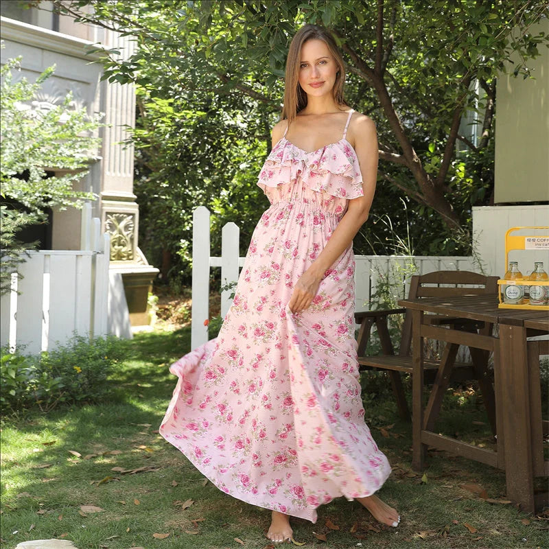 Women's pink floral printed summer dress in polyester fabric
