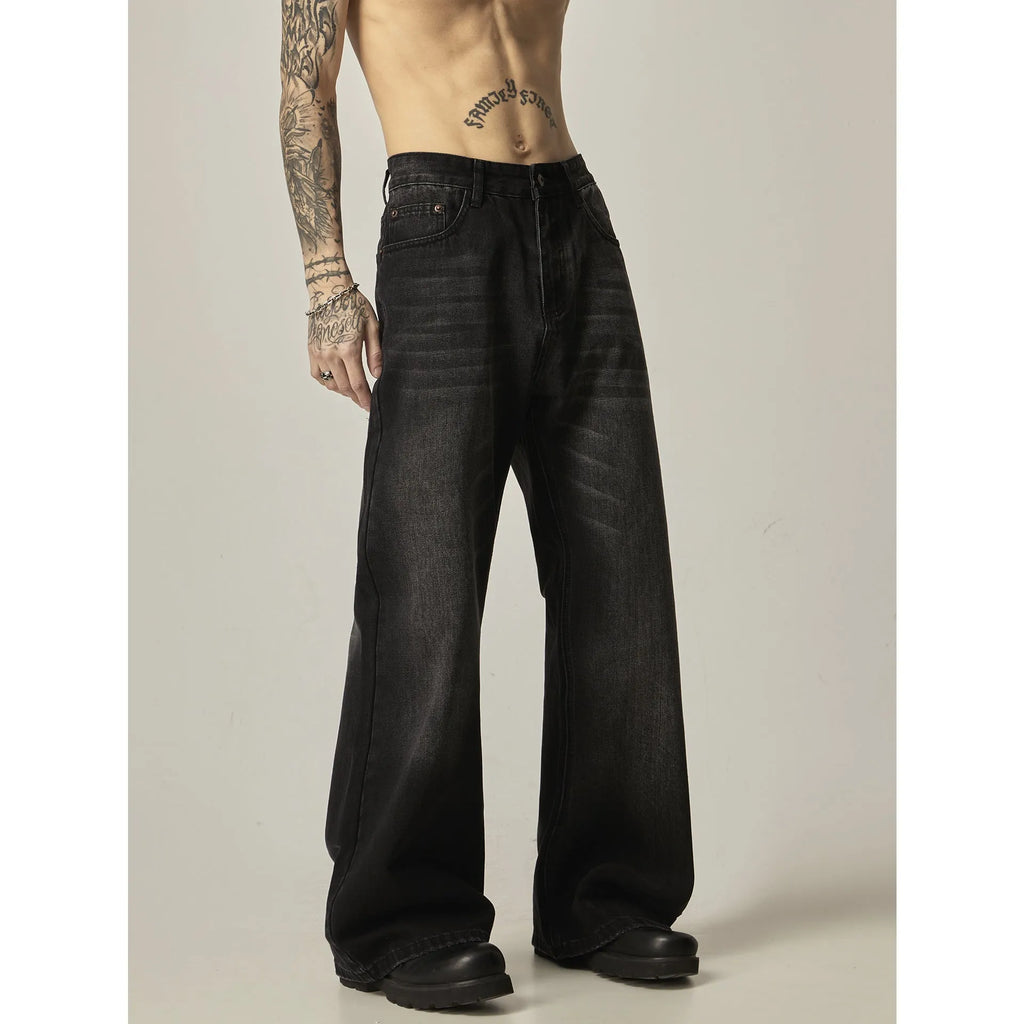 Black loose straight leg jeans with retro American styling and zipper fly