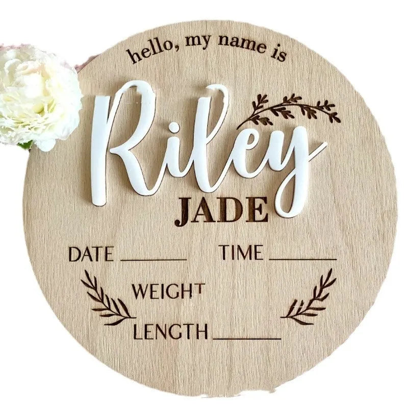 Square wooden baby name label showing birth details, 15cm on each side, in one of three style options.