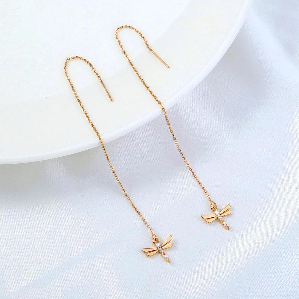 Gold Copper Dragonfly Micro-Set Zircon Long Tassel Ear Wire with detailed design