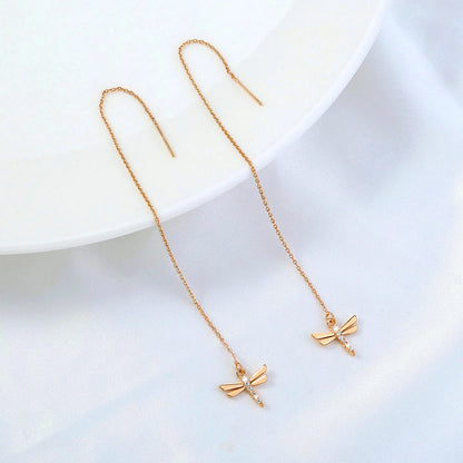 Gold Copper Dragonfly Micro-Set Zircon Long Tassel Ear Wire with detailed design