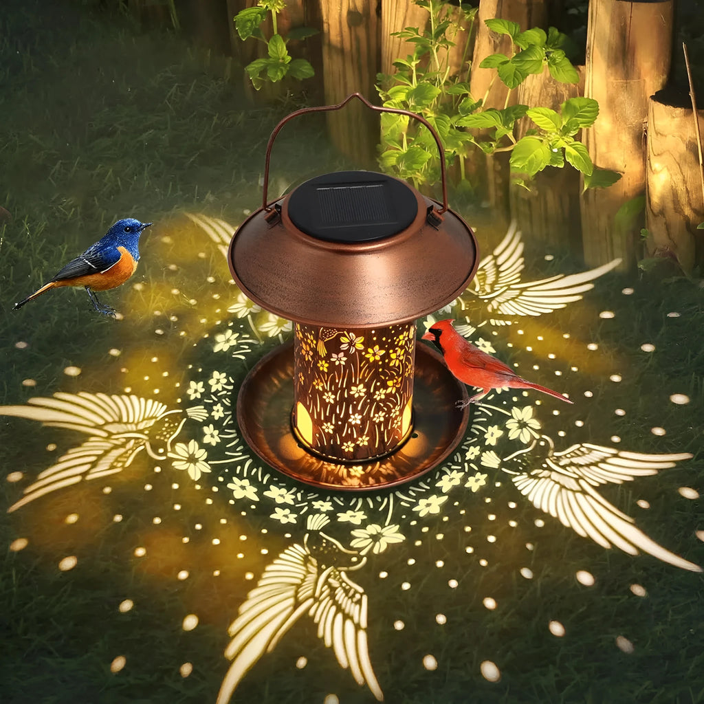 Solar-powered outdoor lamp feeder in hummingbird design with iron art construction