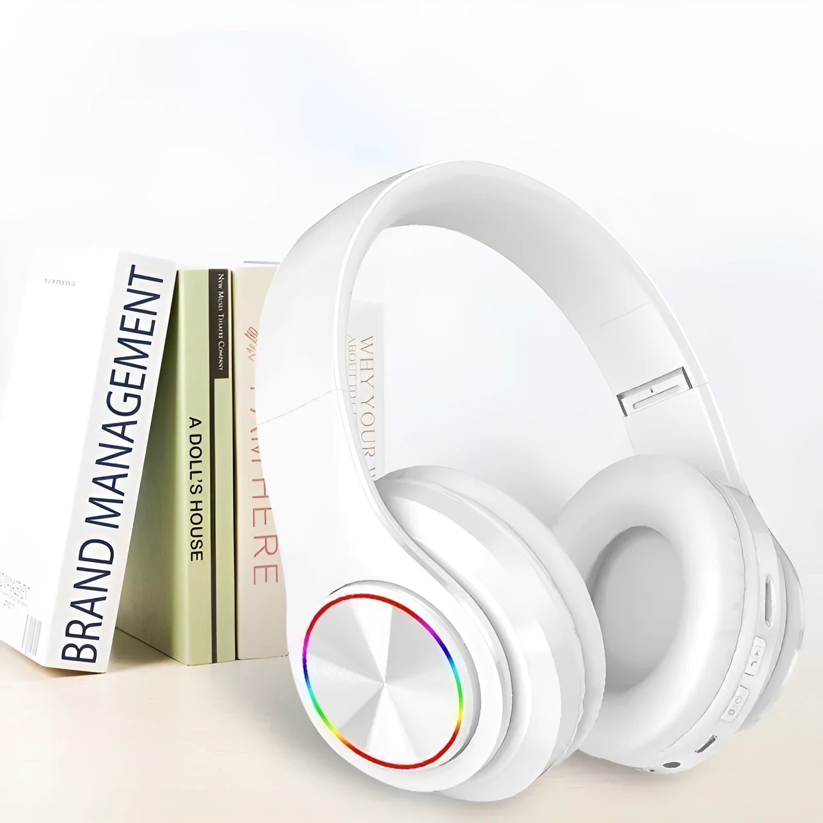 LED wireless Bluetooth headphones with 7-colour breathing lights on black background