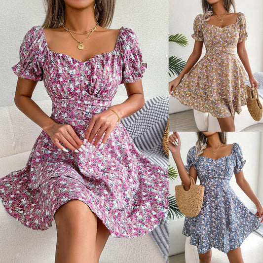 Stylish floral mini dress with ruffled hem, high waist, and short sleeves in various colors