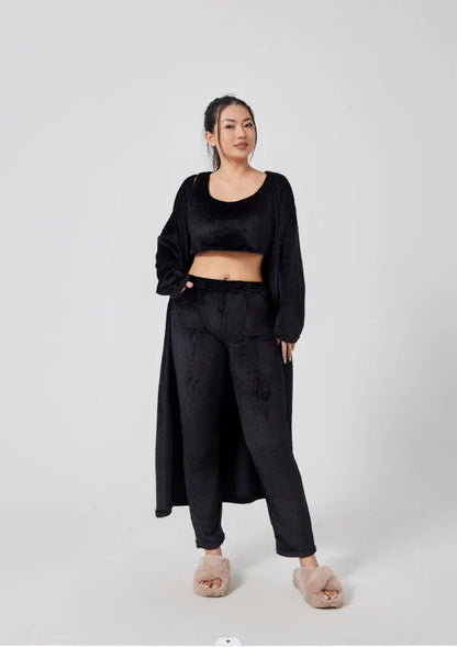 Cozy 3-Piece Loungewear Set - Soft and fluffy women's winter pajama set with crop top, wide-leg pants, and matching pullover
